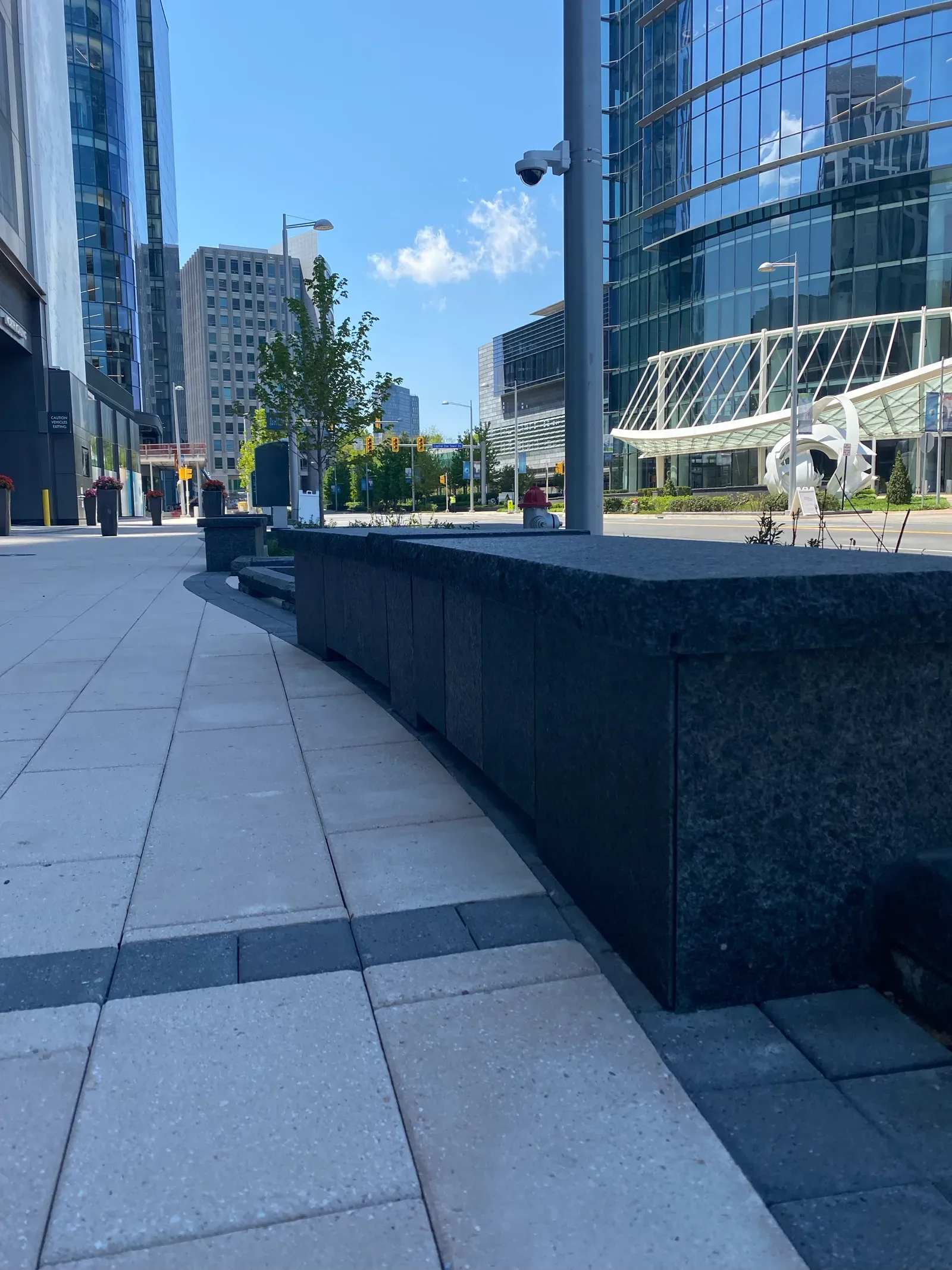 Large-format stone podium installation in a commercial interior