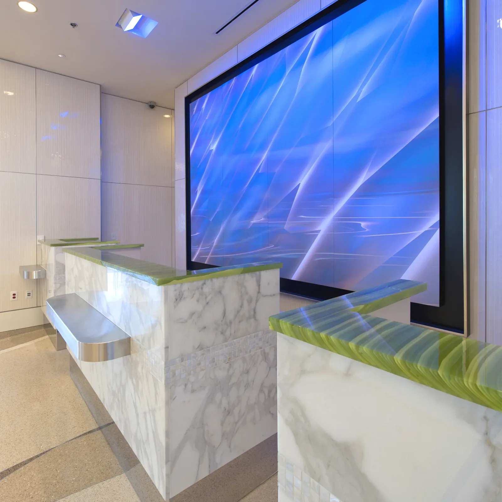 Illuminated stone feature wall at Potomac Yard