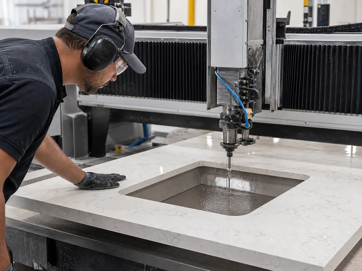 CNC tool head shaping a sink cutout in a stone countertop